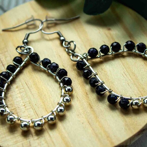 Teardrop Earrings with Blue Sandstone and Silver Accent Beads - Picture 1 of 12